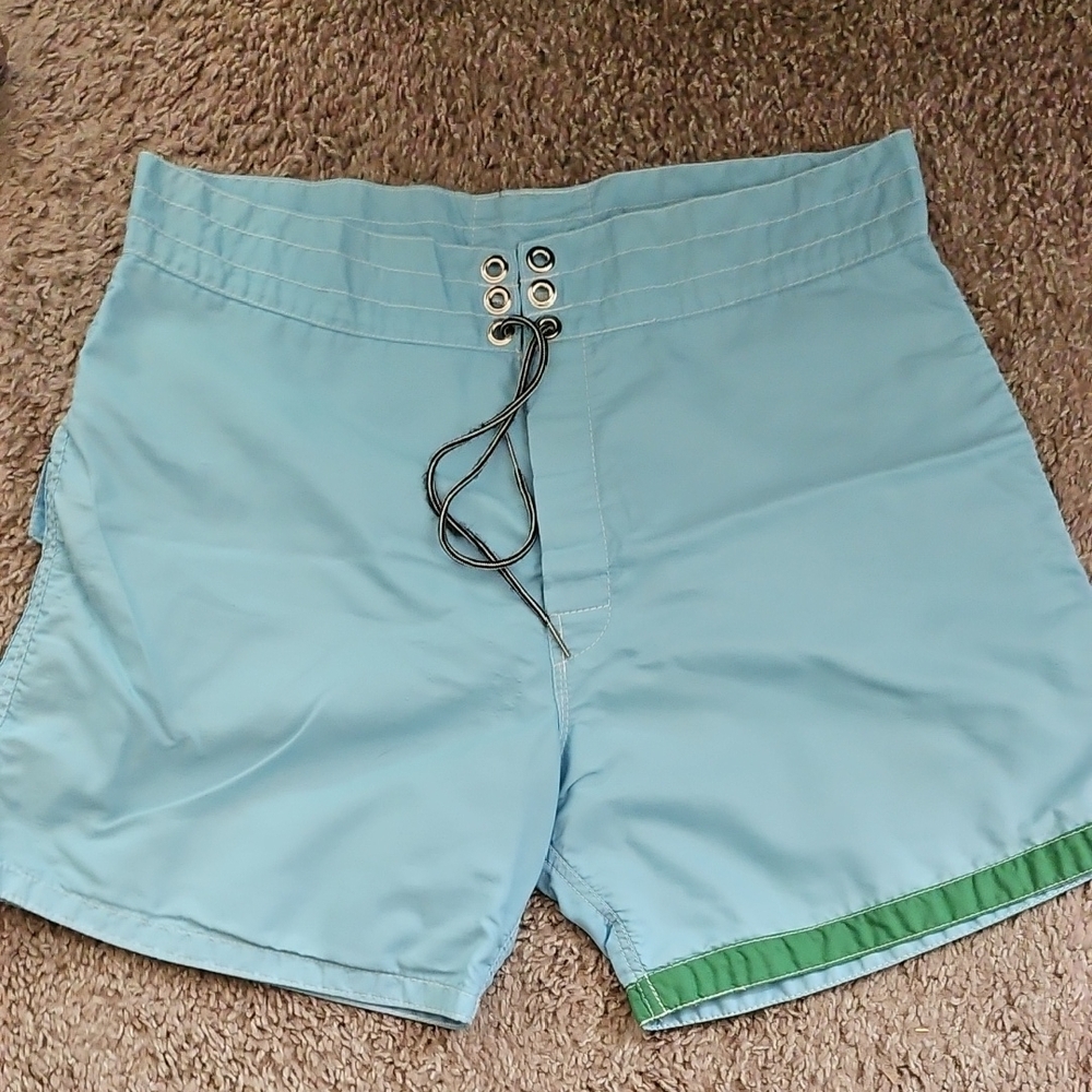 Birdwell Blue and Green Board Shorts with Striped Hem